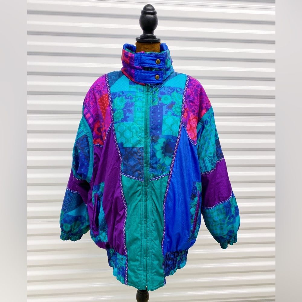 Vintage Dopamine Patchwork Puffer Ski Snow Zip Up Jacket:Winter Travel Retro